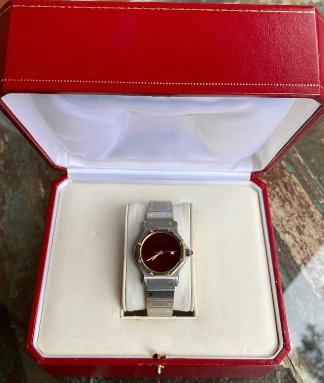 Vintage Cartier Santos Octagon 2966 | Rare Burgundy Spider Dial | 18K Gold & Steel