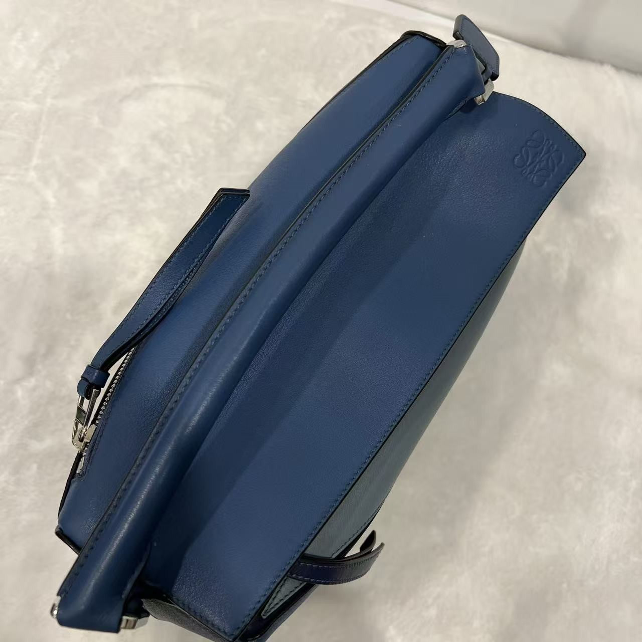 Loewe Puzzle Shoulder Bag Blue Colorblock Calfskin Leather Silver Hardware Auth