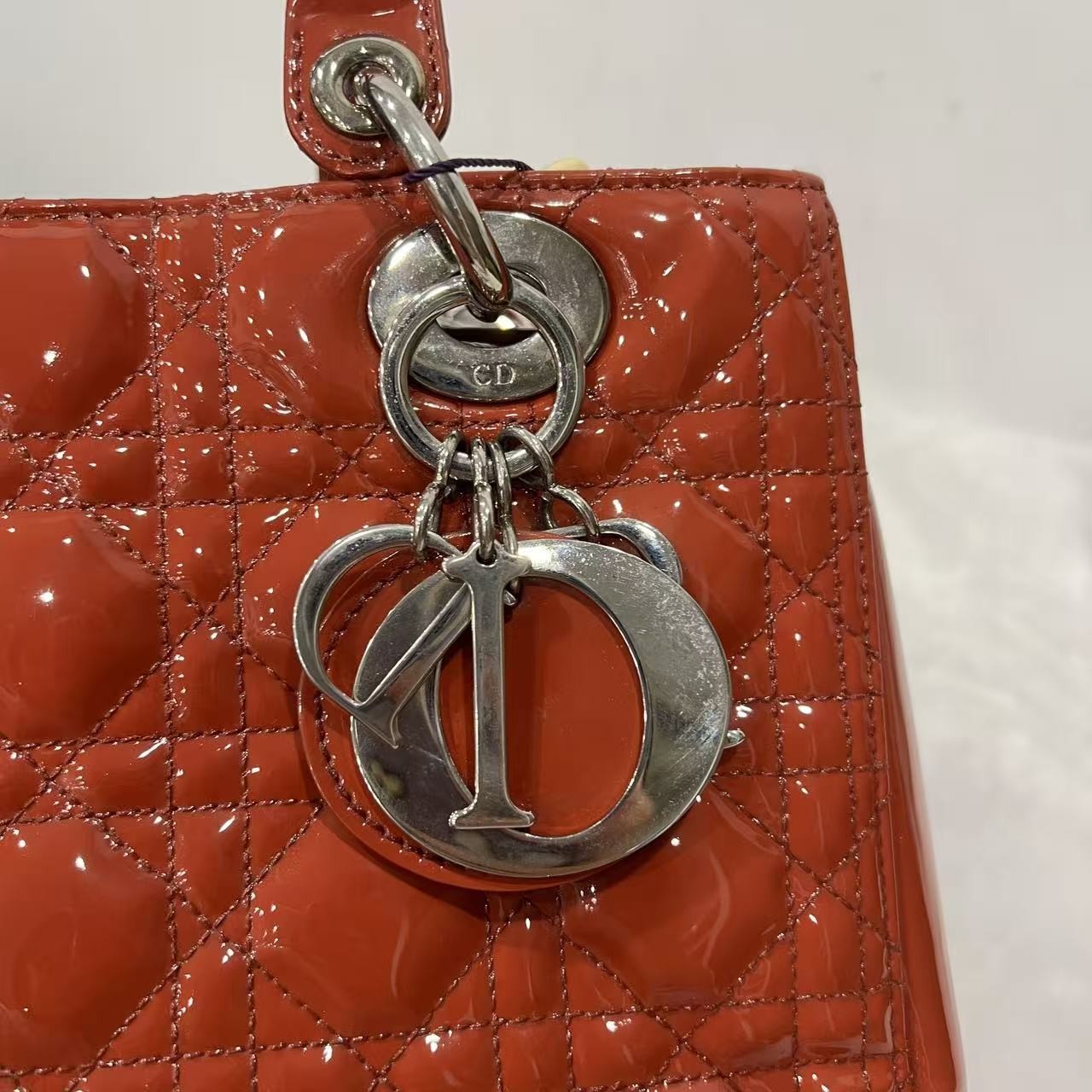 Auth Christian Dior Lady Dior Medium Red Patent Leather 2Way Hand Shoulder Bag
