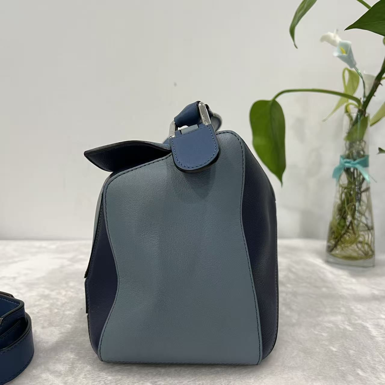 Loewe Puzzle Shoulder Bag Blue Colorblock Calfskin Leather Silver Hardware Auth