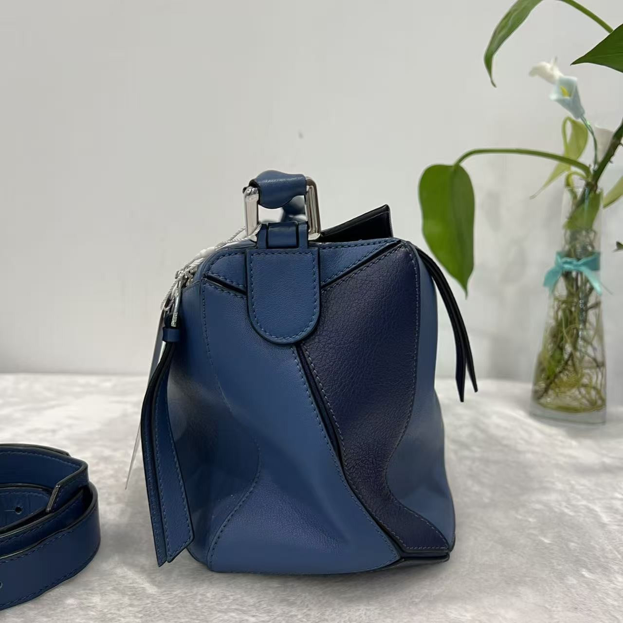 Loewe Puzzle Shoulder Bag Blue Colorblock Calfskin Leather Silver Hardware Auth