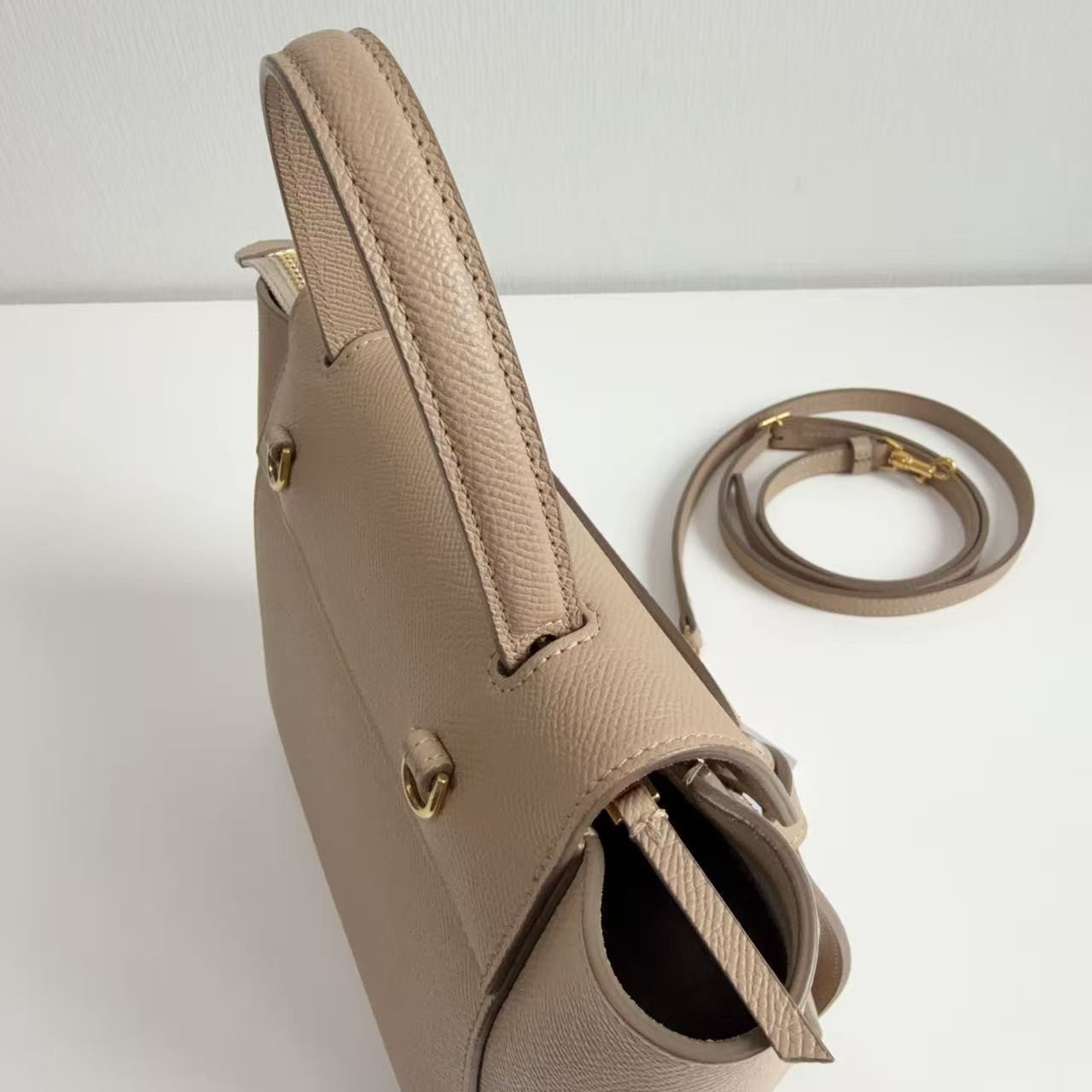 CELINE Nano Belt Bag Beige Grained Calfskin Leather Top Handle Bag Gold Auth