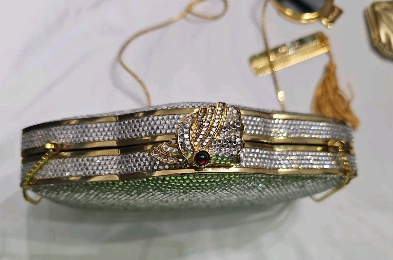 Judith Leiber Vintage Swarovski Crystal Minaudiere Clutch Gold Evening Bag