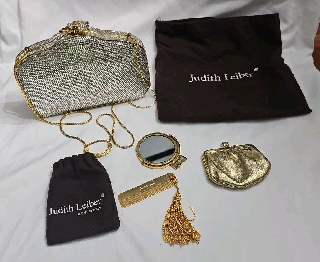 Judith Leiber Vintage Swarovski Crystal Minaudiere Clutch Gold Evening Bag