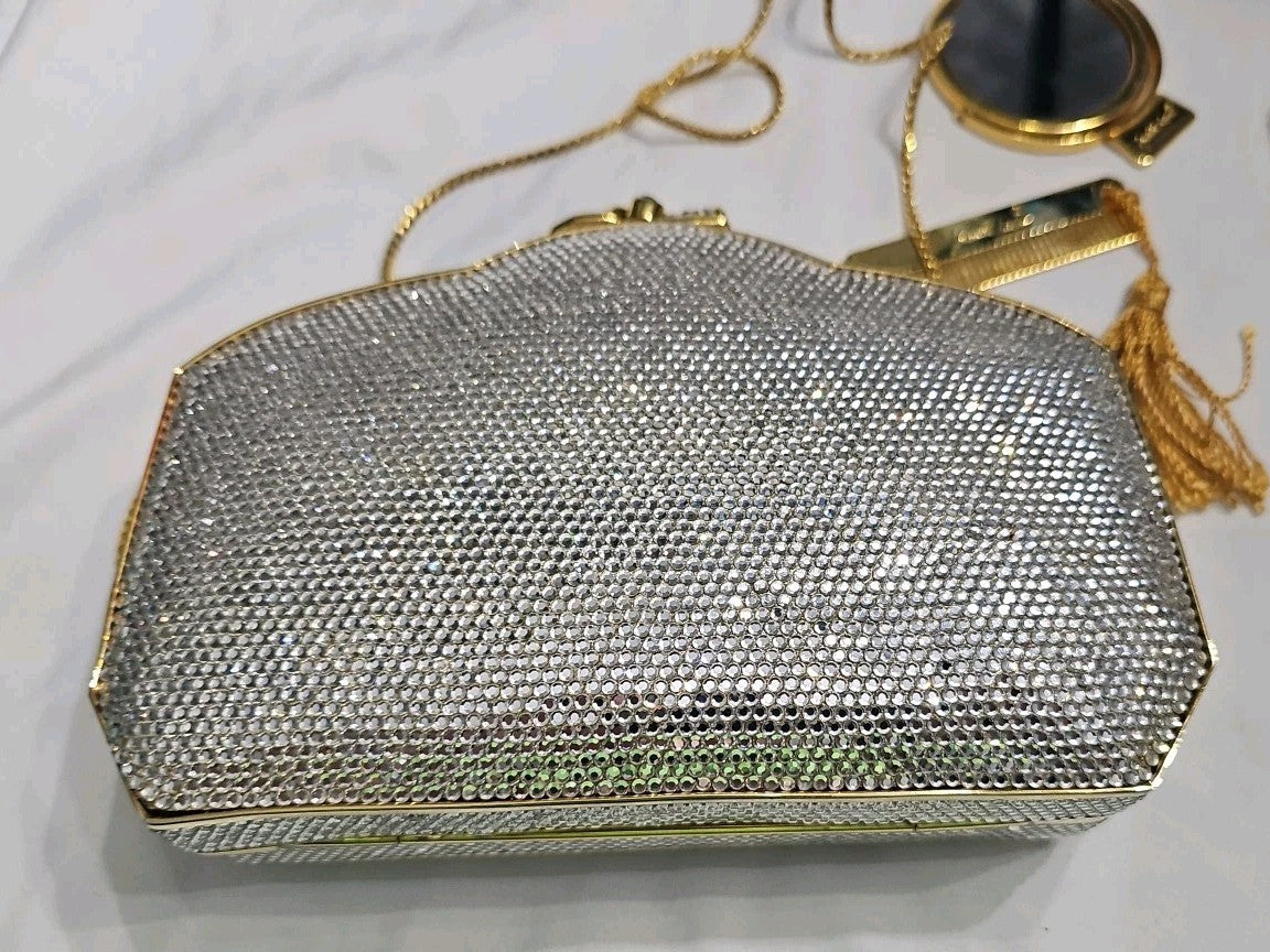 Judith Leiber Vintage Swarovski Crystal Minaudiere Clutch Gold Evening Bag