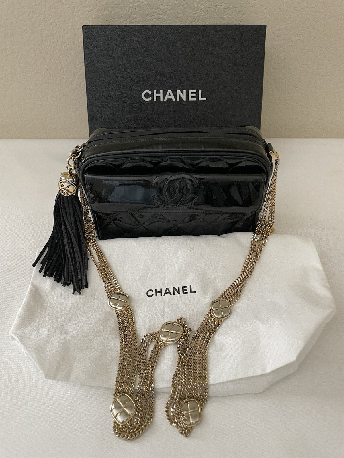 RARE Authentic Chanel Black Vintage Patent Leather Camera Bag Gold Hardware