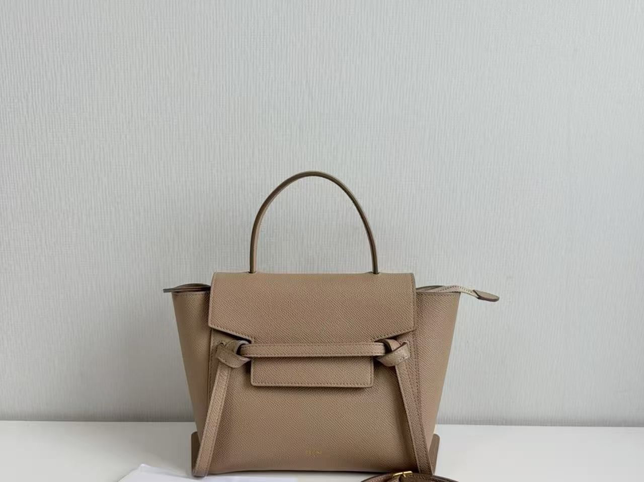 CELINE Nano Belt Bag Beige Grained Calfskin Leather Top Handle Bag Gold Auth