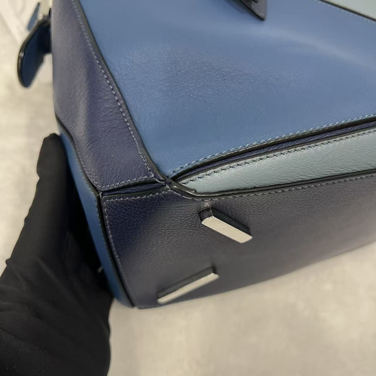 Loewe Puzzle Shoulder Bag Blue Colorblock Calfskin Leather Silver Hardware Auth