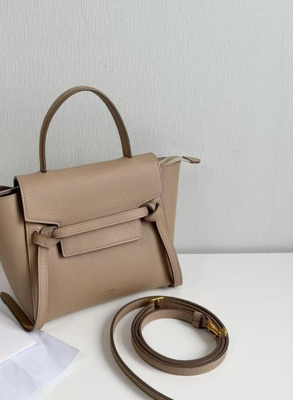 CELINE Nano Belt Bag Beige Grained Calfskin Leather Top Handle Bag Gold Auth