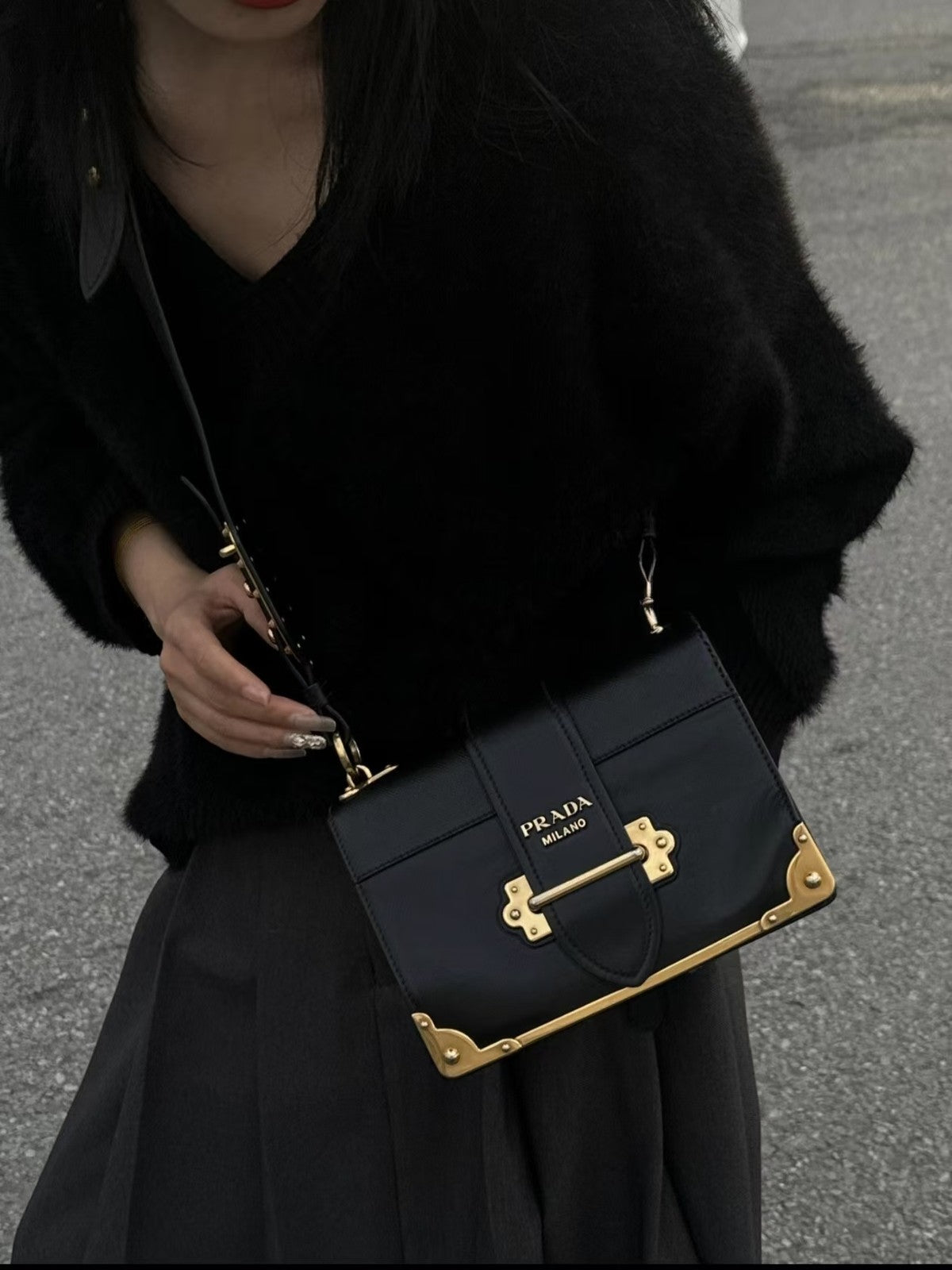 Authentic Prada Cahier Medium Black Leather Crossbody Bag with Gold Hardware