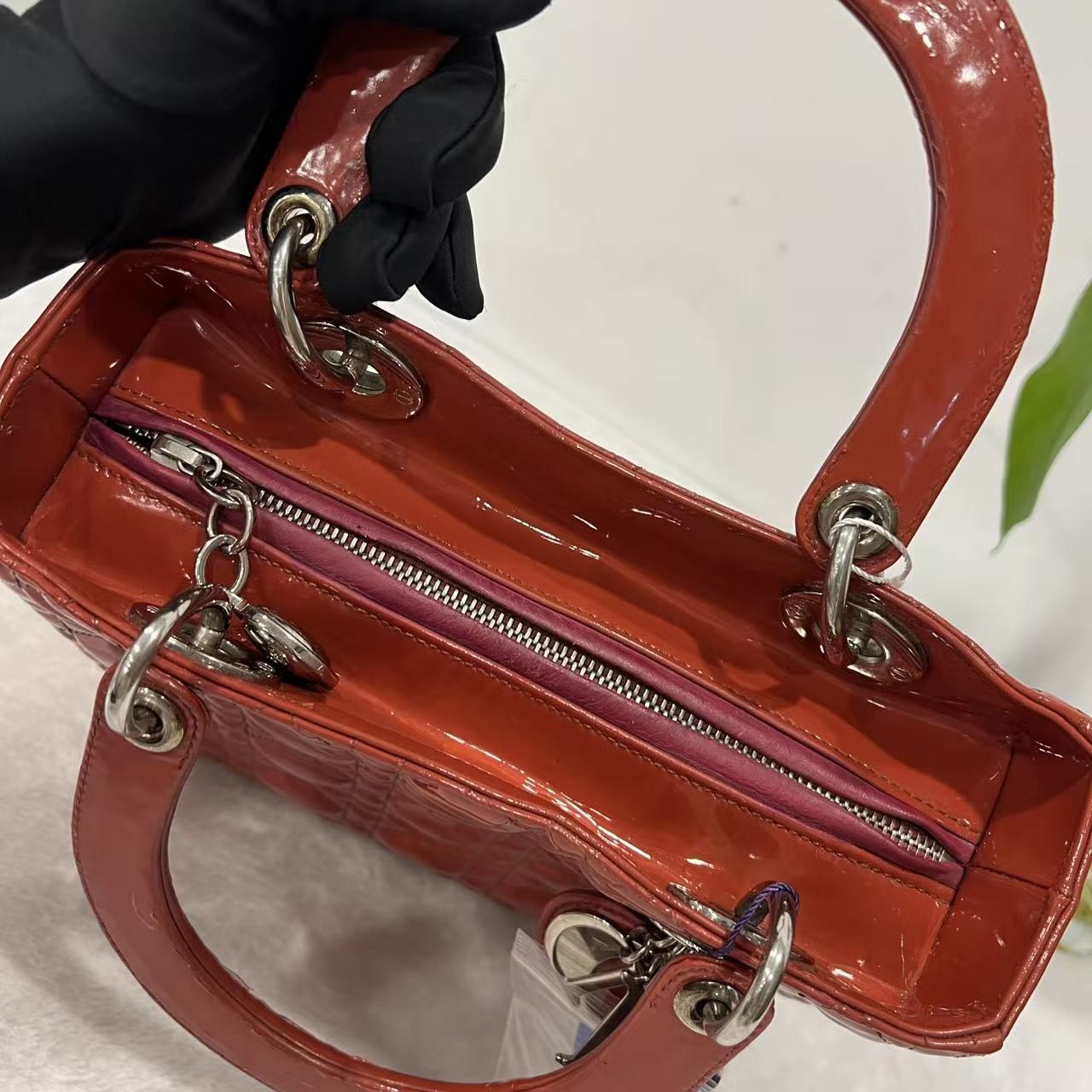Auth Christian Dior Lady Dior Medium Red Patent Leather 2Way Hand Shoulder Bag