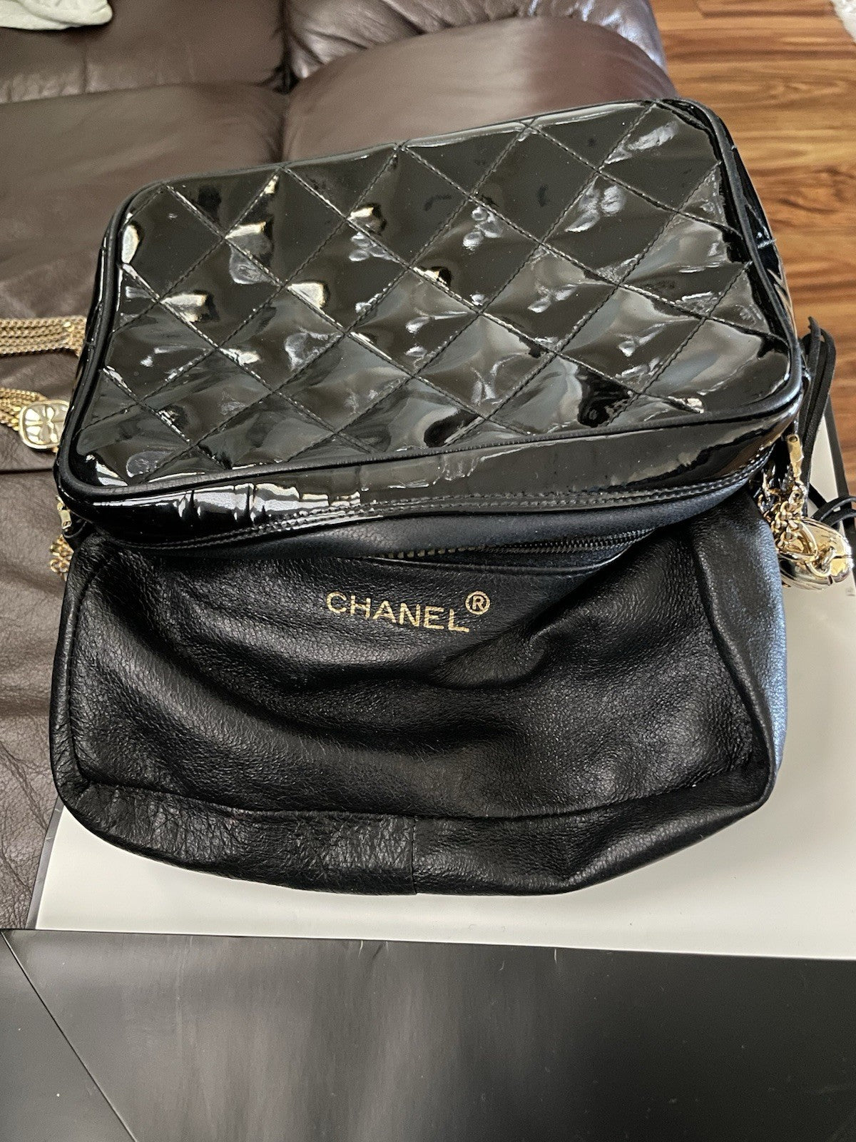 RARE Authentic Chanel Black Vintage Patent Leather Camera Bag Gold Hardware