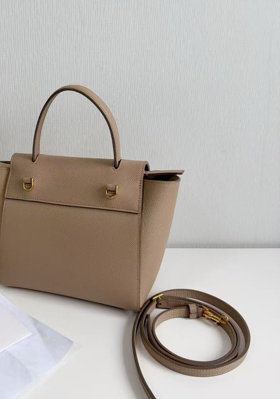 CELINE Nano Belt Bag Beige Grained Calfskin Leather Top Handle Bag Gold Auth