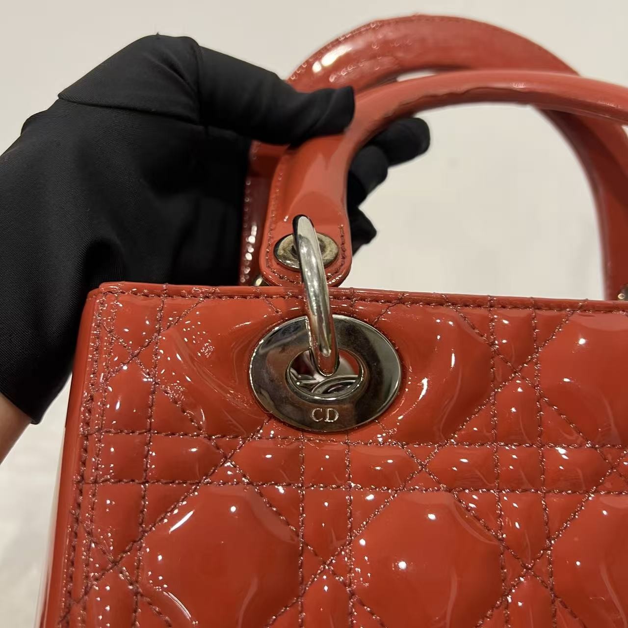 Auth Christian Dior Lady Dior Medium Red Patent Leather 2Way Hand Shoulder Bag