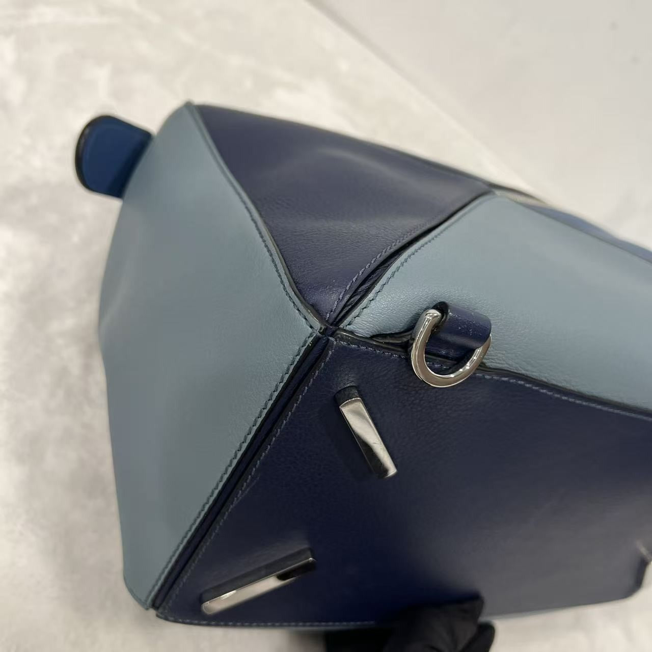 Loewe Puzzle Shoulder Bag Blue Colorblock Calfskin Leather Silver Hardware Auth