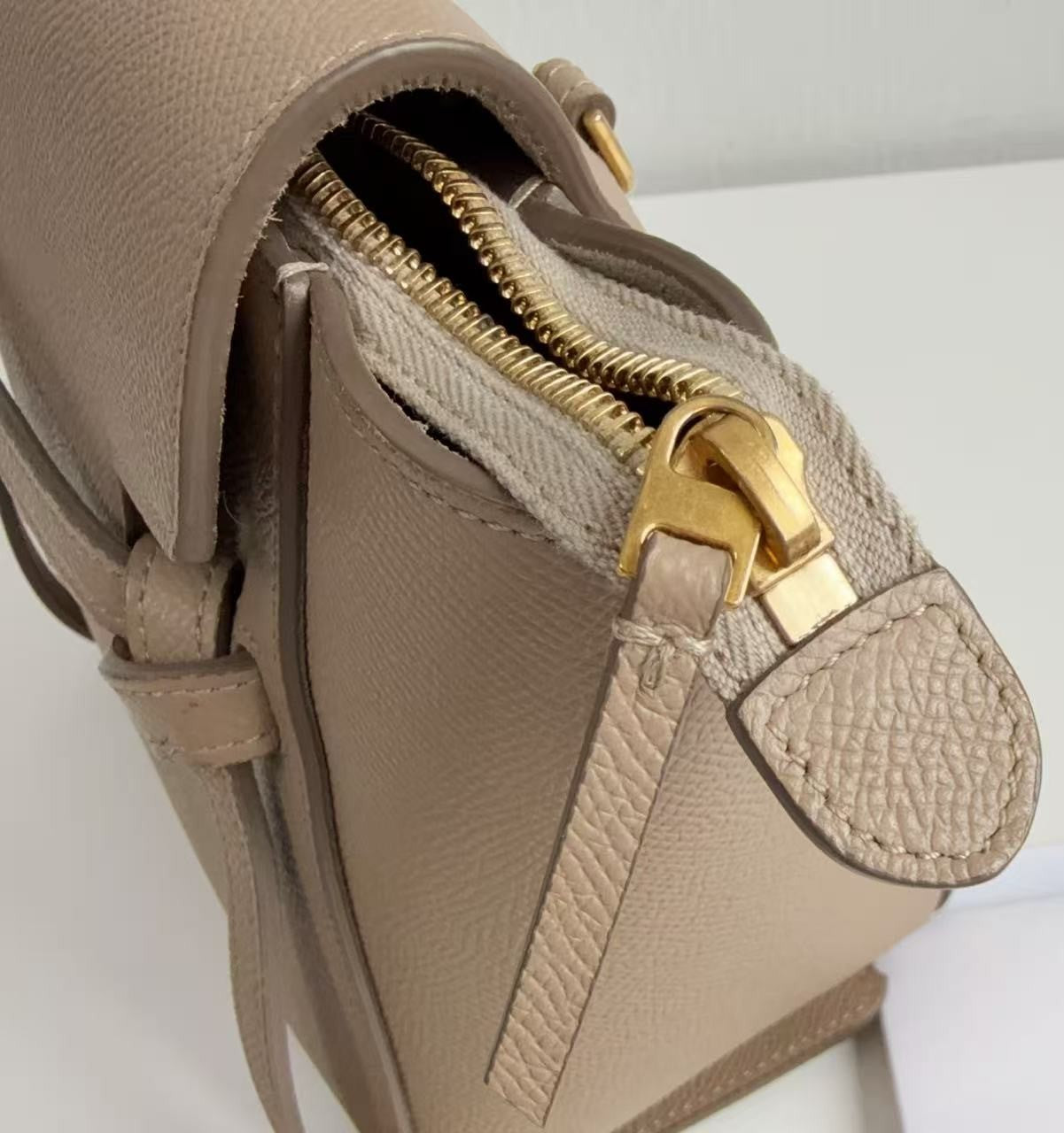 CELINE Nano Belt Bag Beige Grained Calfskin Leather Top Handle Bag Gold Auth