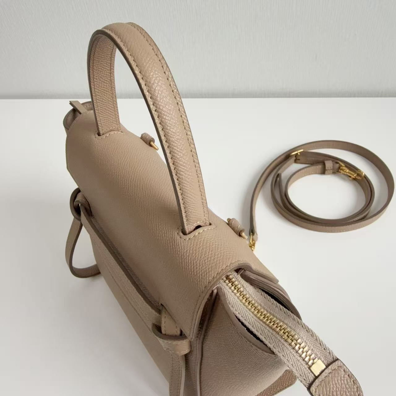 CELINE Nano Belt Bag Beige Grained Calfskin Leather Top Handle Bag Gold Auth