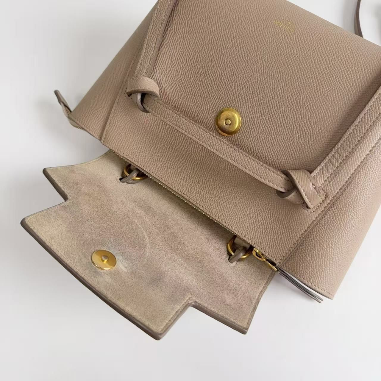 CELINE Nano Belt Bag Beige Grained Calfskin Leather Top Handle Bag Gold Auth