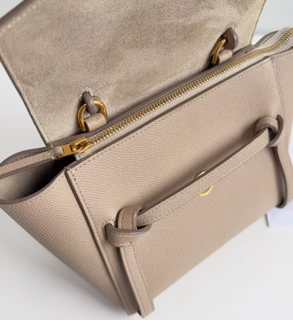 CELINE Nano Belt Bag Beige Grained Calfskin Leather Top Handle Bag Gold Auth