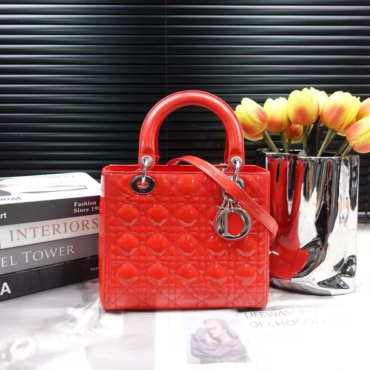 Auth Christian Dior Lady Dior Medium Red Patent Leather 2Way Hand Shoulder Bag