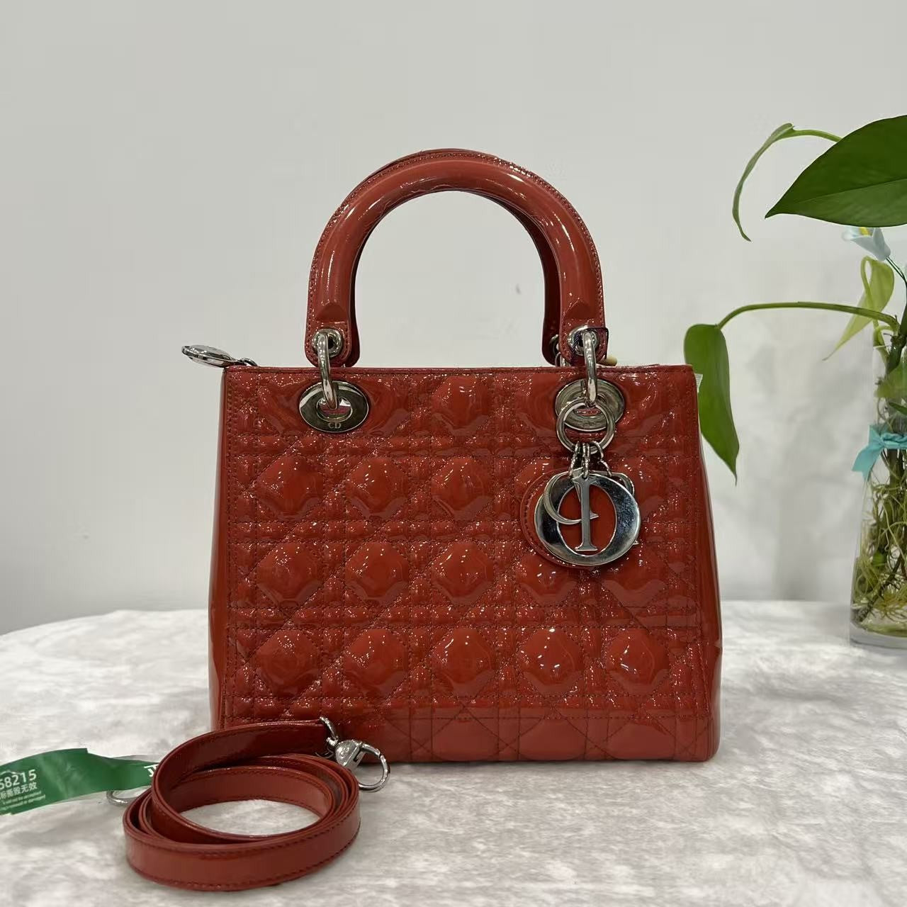 Auth Christian Dior Lady Dior Medium Red Patent Leather 2Way Hand Shoulder Bag