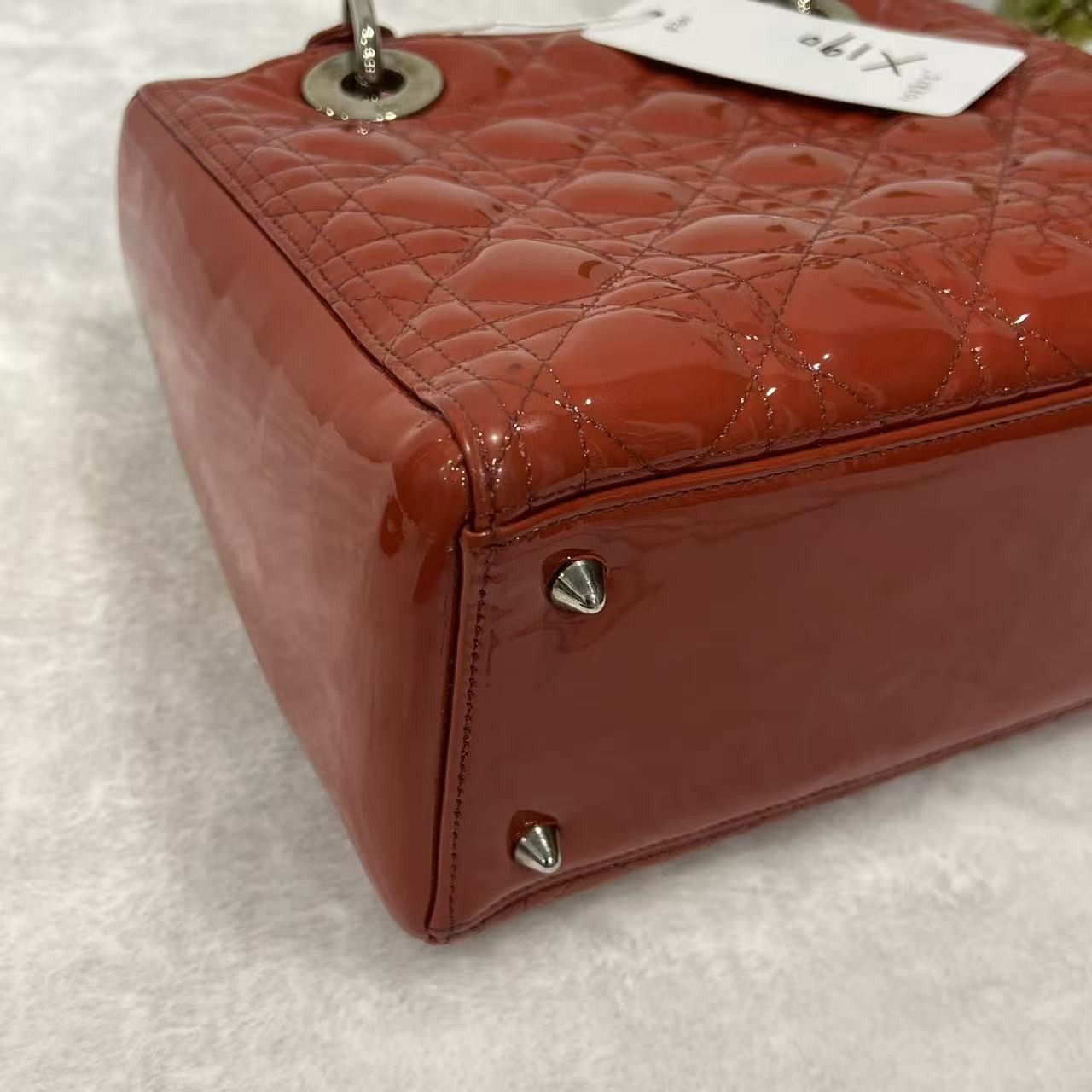 Auth Christian Dior Lady Dior Medium Red Patent Leather 2Way Hand Shoulder Bag