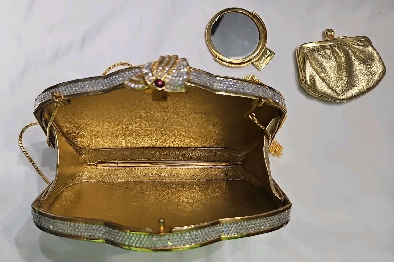 Judith Leiber Vintage Swarovski Crystal Minaudiere Clutch Gold Evening Bag