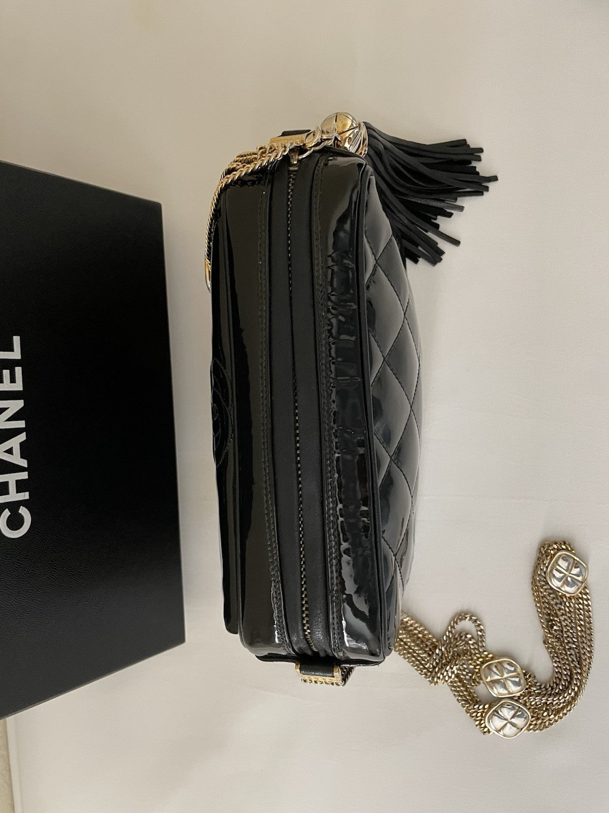 RARE Authentic Chanel Black Vintage Patent Leather Camera Bag Gold Hardware