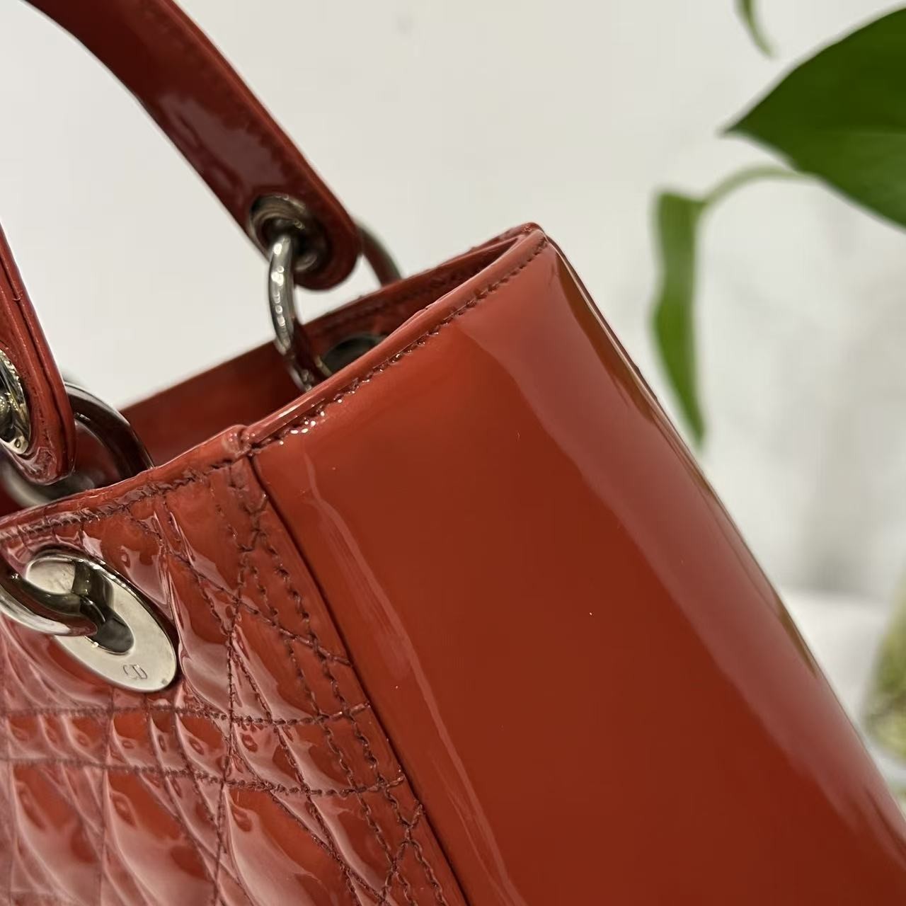 Auth Christian Dior Lady Dior Medium Red Patent Leather 2Way Hand Shoulder Bag