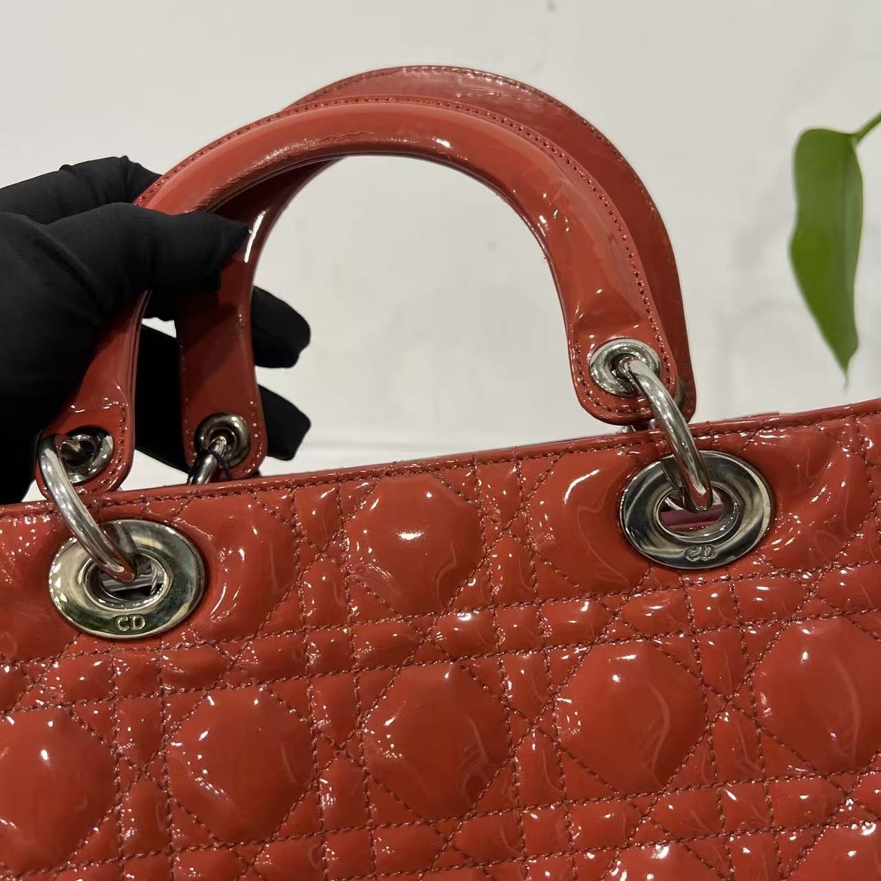 Auth Christian Dior Lady Dior Medium Red Patent Leather 2Way Hand Shoulder Bag