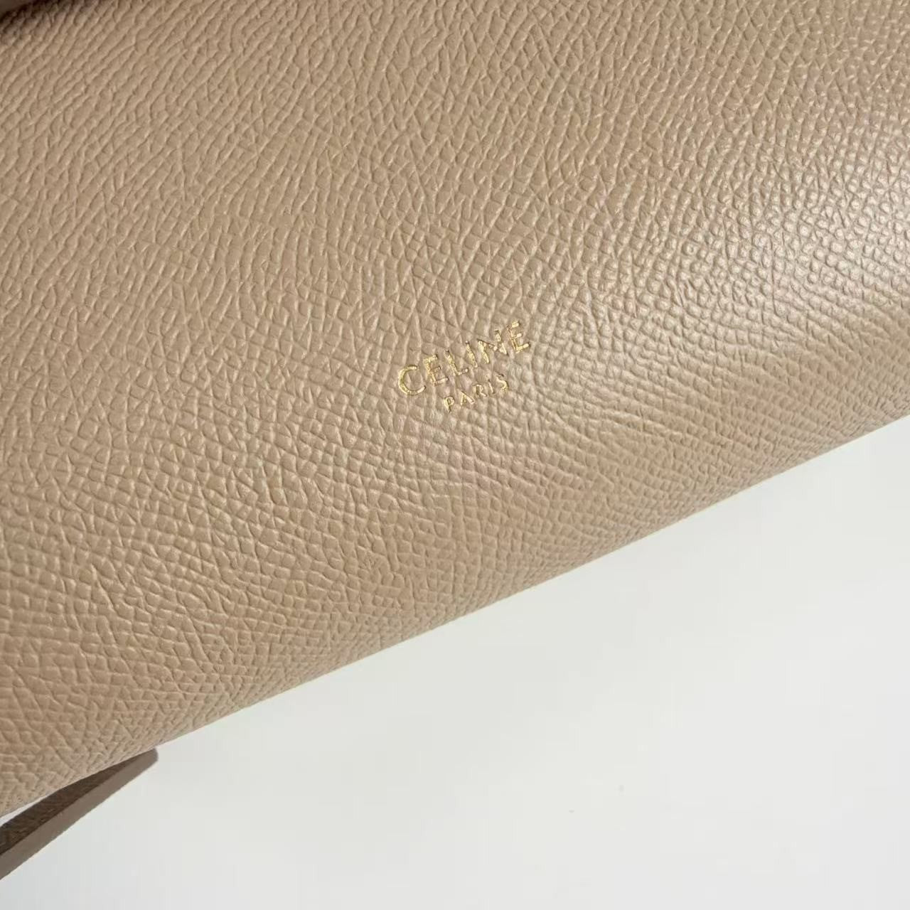 CELINE Nano Belt Bag Beige Grained Calfskin Leather Top Handle Bag Gold Auth