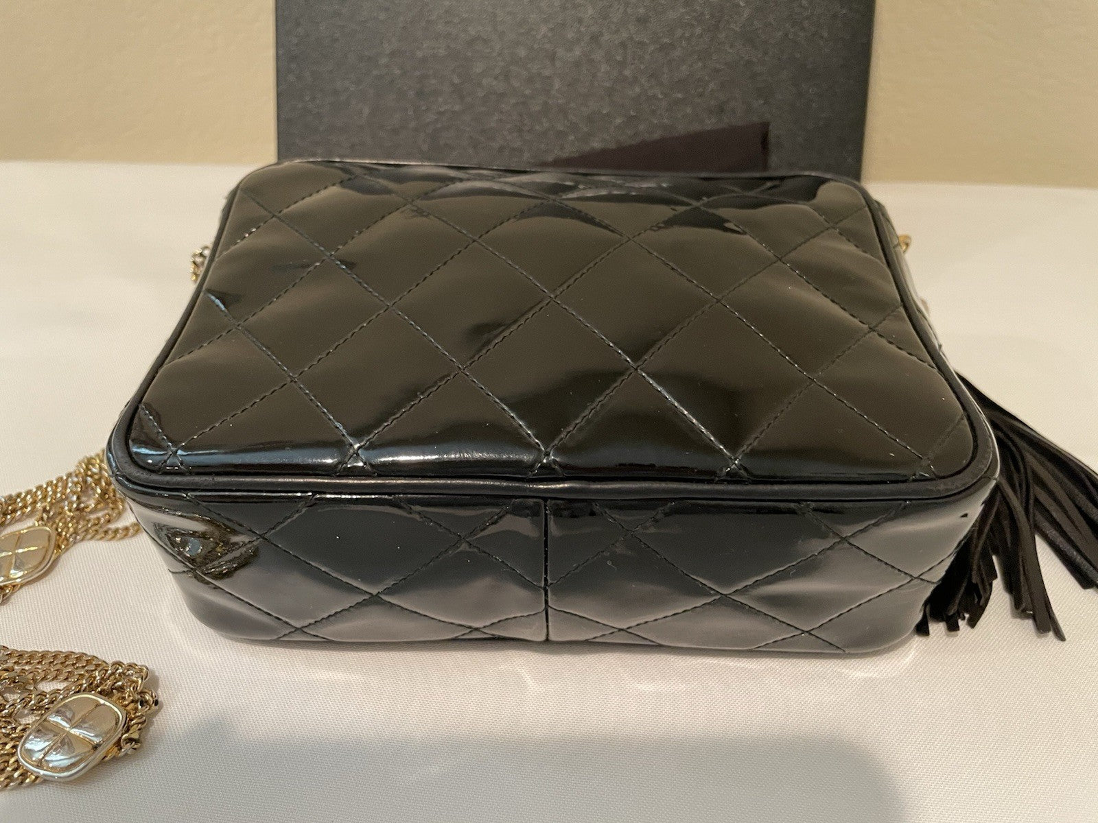 RARE Authentic Chanel Black Vintage Patent Leather Camera Bag Gold Hardware