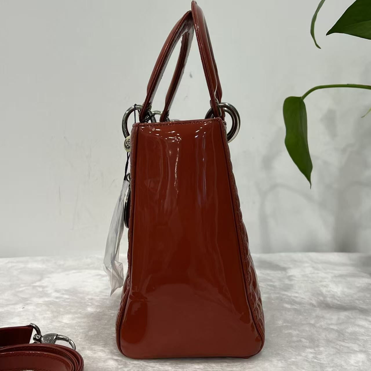 Auth Christian Dior Lady Dior Medium Red Patent Leather 2Way Hand Shoulder Bag