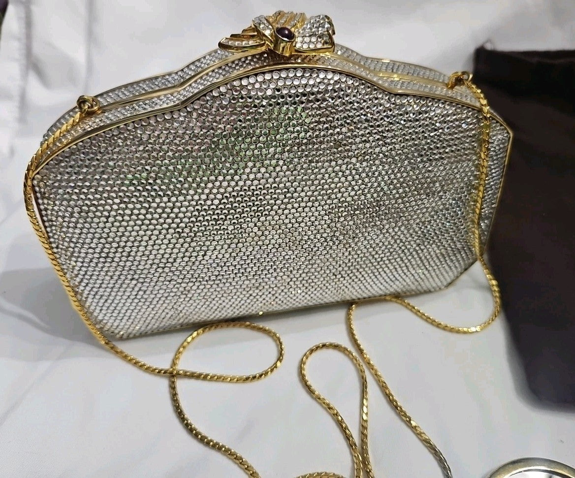 Judith Leiber Vintage Swarovski Crystal Minaudiere Clutch Gold Evening Bag