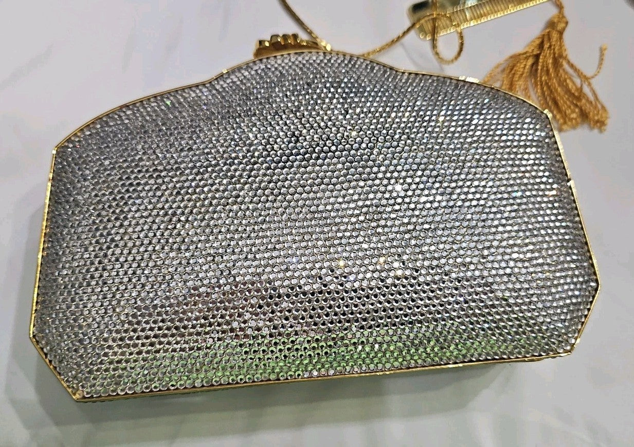 Judith Leiber Vintage Swarovski Crystal Minaudiere Clutch Gold Evening Bag