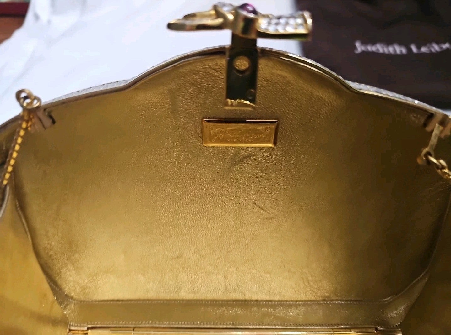 Judith Leiber Vintage Swarovski Crystal Minaudiere Clutch Gold Evening Bag