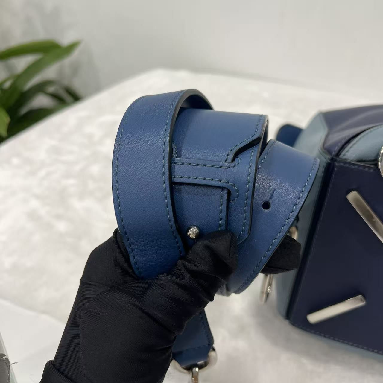 Loewe Puzzle Shoulder Bag Blue Colorblock Calfskin Leather Silver Hardware Auth