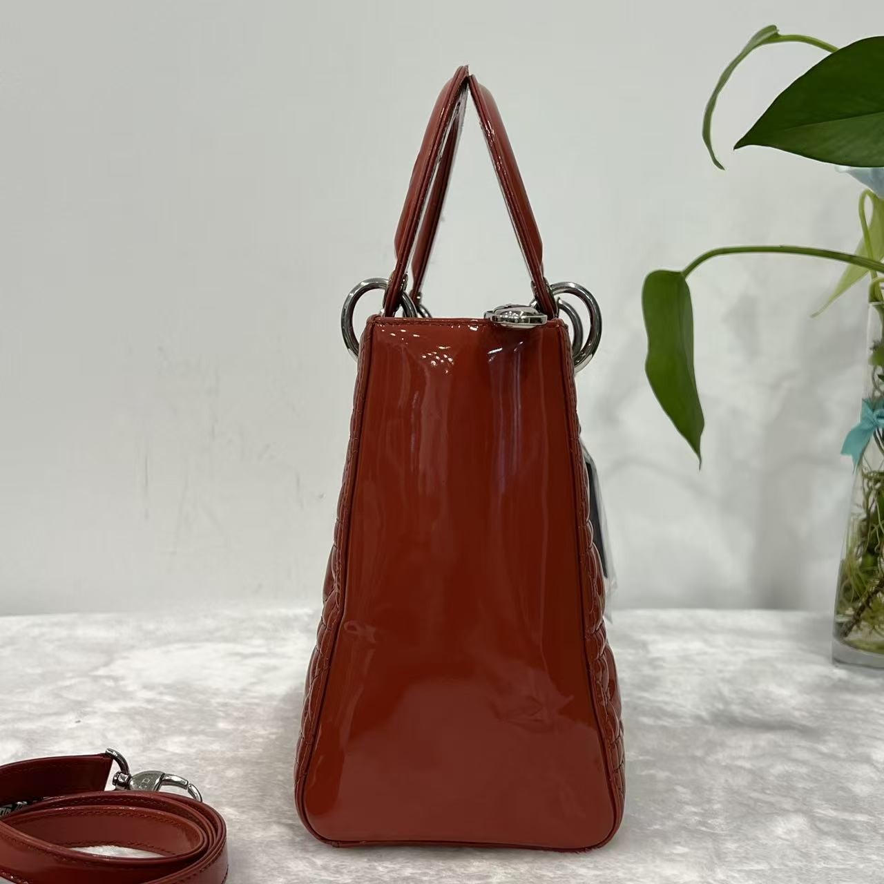 Auth Christian Dior Lady Dior Medium Red Patent Leather 2Way Hand Shoulder Bag