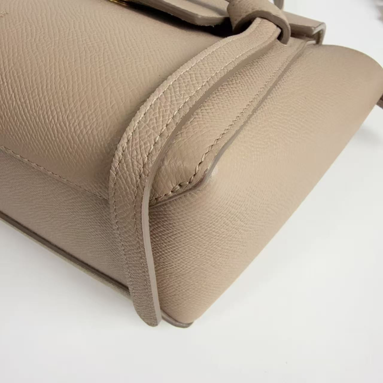 CELINE Nano Belt Bag Beige Grained Calfskin Leather Top Handle Bag Gold Auth