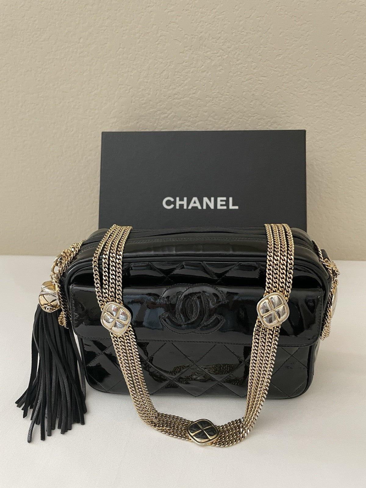 RARE Authentic Chanel Black Vintage Patent Leather Camera Bag Gold Hardware