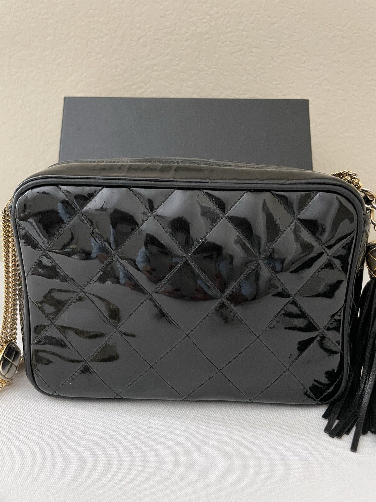 RARE Authentic Chanel Black Vintage Patent Leather Camera Bag Gold Hardware