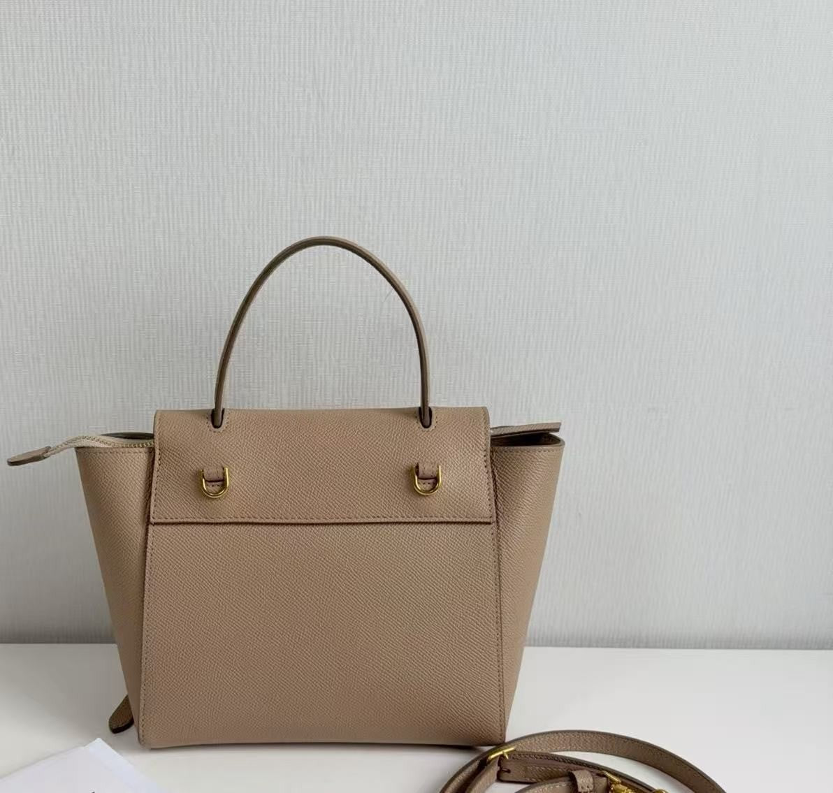 CELINE Nano Belt Bag Beige Grained Calfskin Leather Top Handle Bag Gold Auth