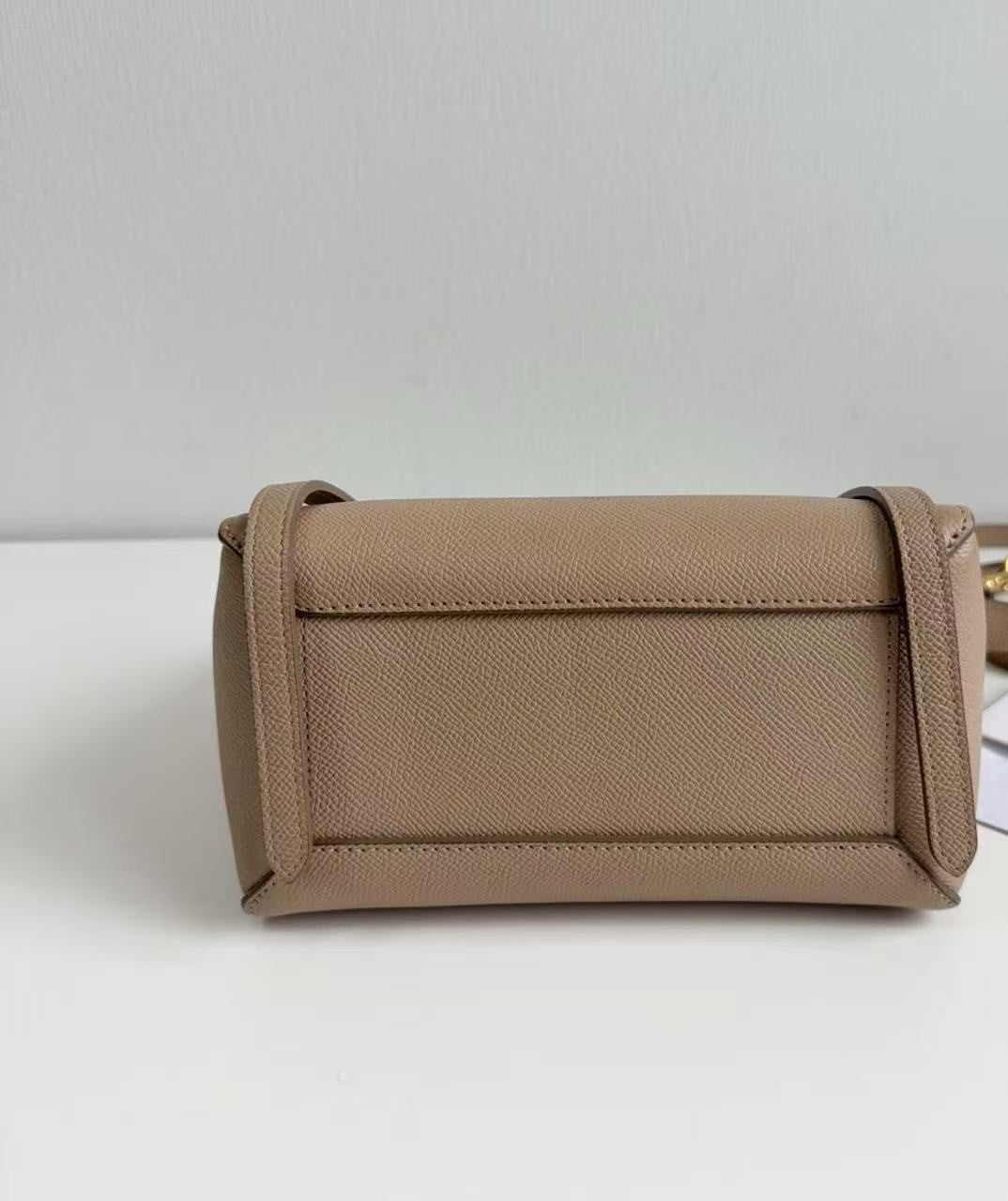 CELINE Nano Belt Bag Beige Grained Calfskin Leather Top Handle Bag Gold Auth