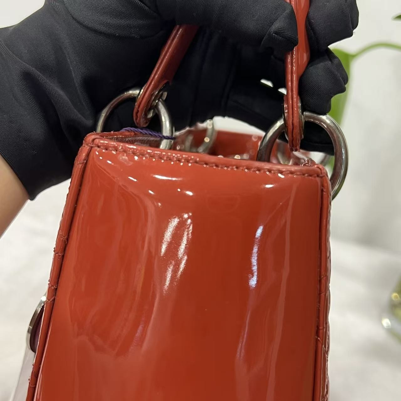 Auth Christian Dior Lady Dior Medium Red Patent Leather 2Way Hand Shoulder Bag