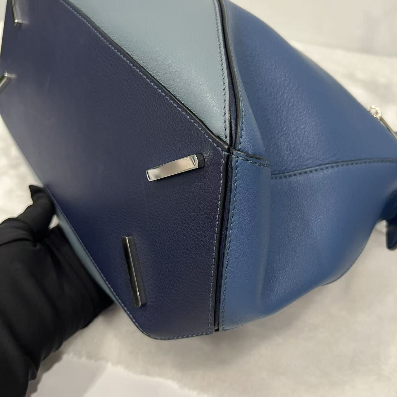 Loewe Puzzle Shoulder Bag Blue Colorblock Calfskin Leather Silver Hardware Auth