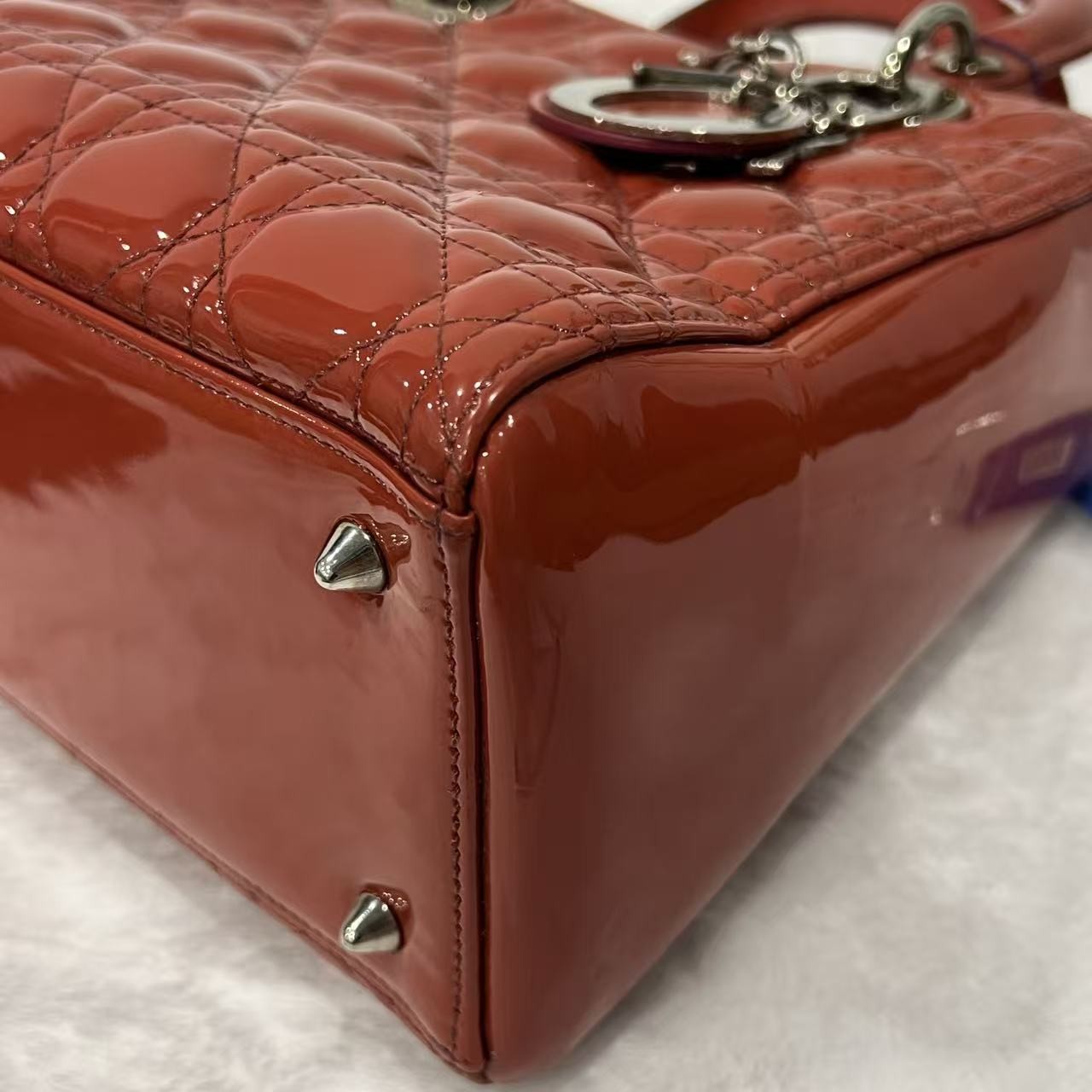 Auth Christian Dior Lady Dior Medium Red Patent Leather 2Way Hand Shoulder Bag