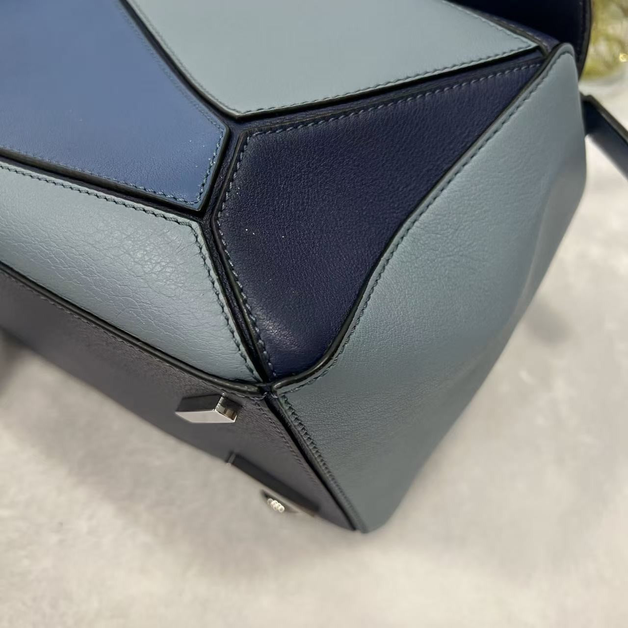 Loewe Puzzle Shoulder Bag Blue Colorblock Calfskin Leather Silver Hardware Auth