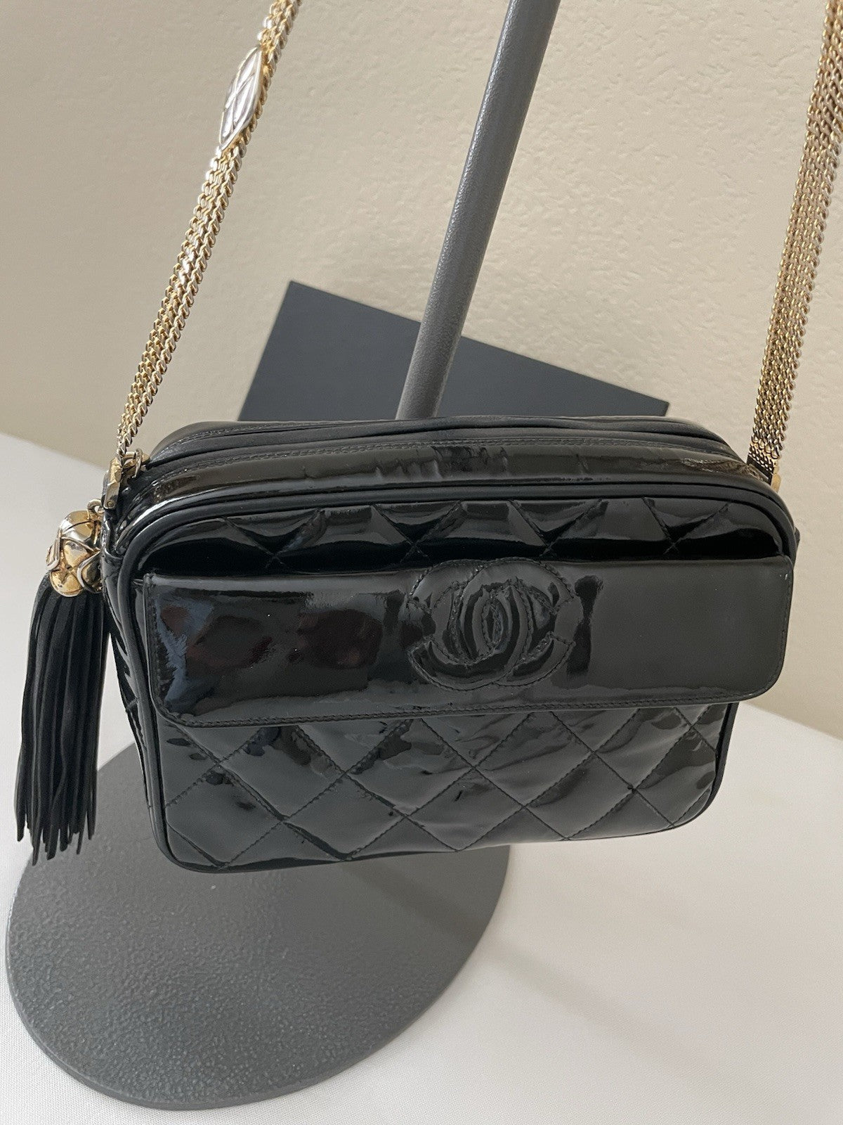 RARE Authentic Chanel Black Vintage Patent Leather Camera Bag Gold Hardware