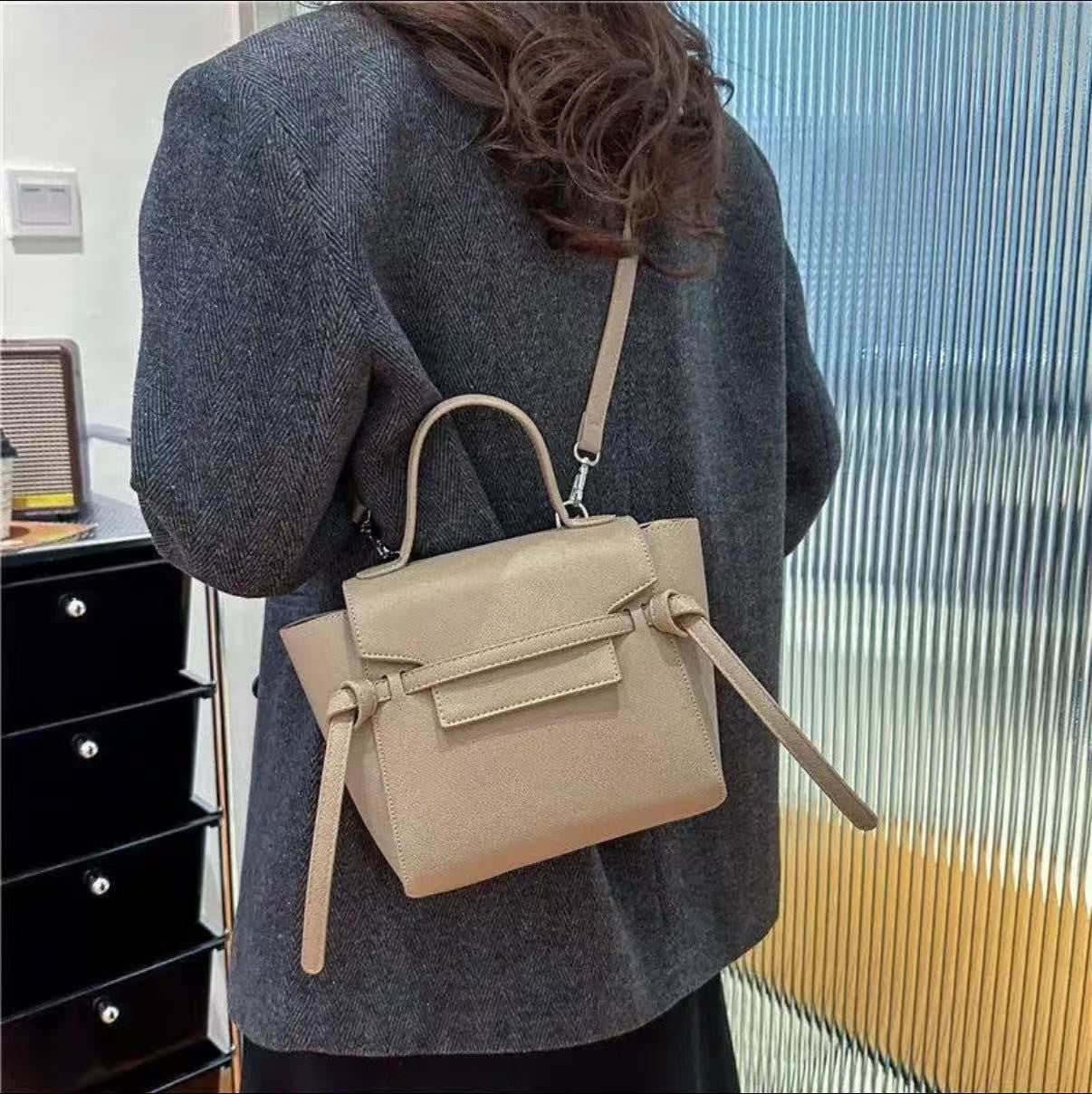 CELINE Nano Belt Bag Beige Grained Calfskin Leather Top Handle Bag Gold Auth