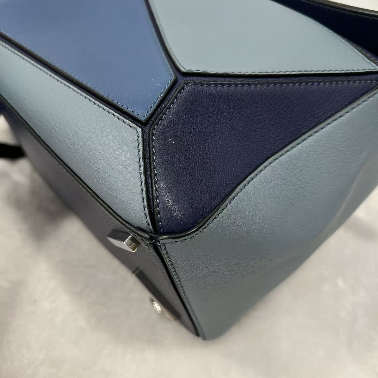 Loewe Puzzle Shoulder Bag Blue Colorblock Calfskin Leather Silver Hardware Auth